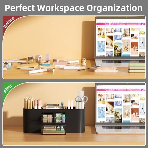 Marbrasse Desk Organizer Pen Holder with 3 Drawers, Multi-Functional Pencil Holder,Desk Organizers and Accessories with 7 Compartments for Home, School, Classroom (Black) - Image 7