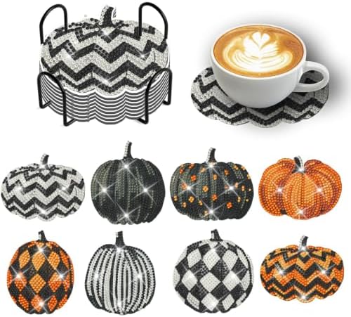 8 Pack Halloween Pumpkin Diamond Painting Coasters with Holder DIY Kit by Demonwer