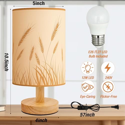 Desk Lamp LED Bulb Included, Small Bedside Table Lamp Plug-in - Classic Wood Base with Flaxen Fabric Shade, Lamps for Night Stands, Simple Nightstand Light for Bedroom, Office, Desk - Image 3