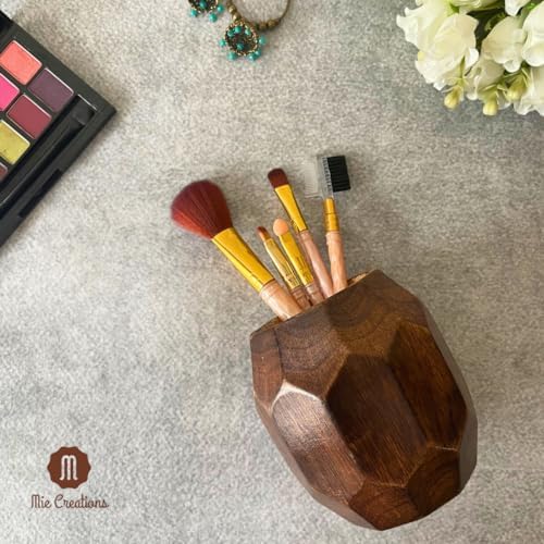 Mie Creations Geometric Wooden Pencil Holder for Desk Table | Wood Pen Cup Stand for Office, Cute Desktop Organizer for Makeup Brushes, Stationery Decor | Rustic Christmas Holiday Gifts- Brown 4'' - Image 6