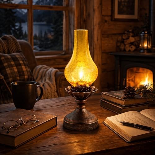 Vintage Table Lamp,Touch Control & 3-Way Dimmable Rustic Retro Farmhouse Bedside Lamp with Amber Glass Shade and LED Bulb for Bedroom, Living Room, Cabin, Office - Image 4