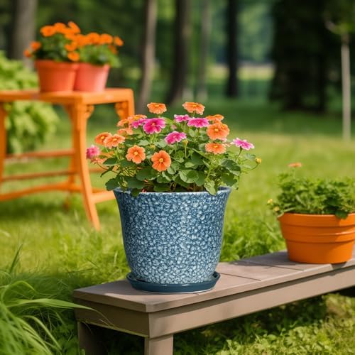 10 Inch Plant Pot - Ceramic Planter for Indoor Outdoor, Round Flower Pots with Drainage Hole and Saucer, Modern Decorative Planter for Plants, Home Office Decor, Plant Lover Gifts, Blue - Image 5