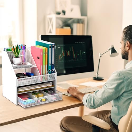 Homsorout Wooden Desk Organizer - Mesh File Organizer with Drawers and Pen Holder - 4-Tier Vertical Paper Letter Storage Tray, Desktop Organizers and Accessories for Home Office （White - Image 3