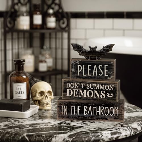 Moucuny 4 Pcs Halloween Bathroom Decoration Gothic Bat Wooden Stacked Block - Image 2
