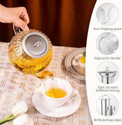 Amzcku 50OZ/1500ml Vintage Glass Teapot with Removable Infuser – Stovetop Safe, Borosilicate Glass Tea Kettle for Blooming & Loose Leaf Tea - Image 3