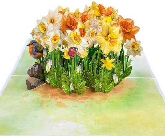 3D Pop-Up Daffodil Field Greeting Card – Handmade Spring Flower Card with Birds for Birthday, Mother’s Day, Easter & Special Occasions F56
