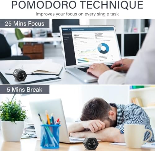 Rotating Productivity Timer 5, 25, 10 30,60 Mins Preset Stopwatch, Desk Flip ProductivityTimer, ADHD Tool Hexagon, Vibration/Mute/Alarm, for Work, Study, Back to School, Kitchen, Black - Image 3