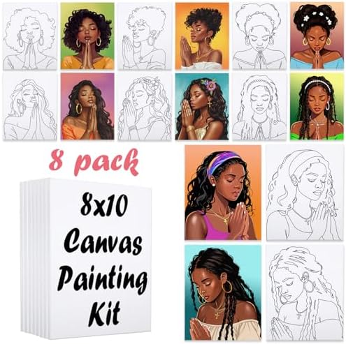 8 Pack Pre Drawn Canvas Painting Kits for Adults Sip and Paint Kit Pre Stretched Canvases Painting Party Supplies for Beginner Artists (Pray Girl, 8 x 10 Inches) by VOCHIC