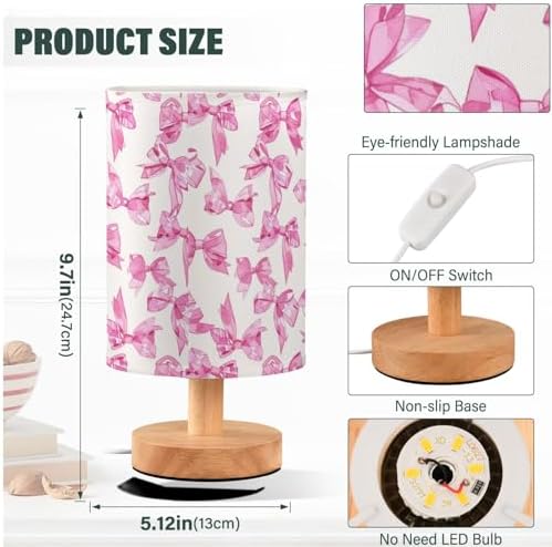 Fustylead Cute Pink Ribbon Bows Table Lamp for Bedroom USB Port Lamps Small Accent Table Lamp Nightstand Lamp Sturdy Linen Shade Wooden Base Decorative Lamps for Bedside Reading|Kids|Dorm|Home - Image 4