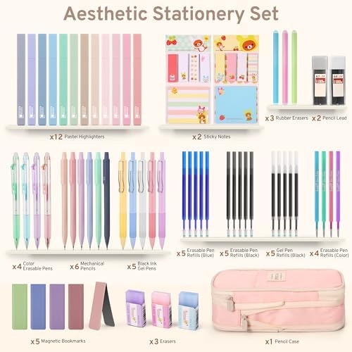 DazSpirit 62PCS Aesthetic Stationery Set with Foldable Pencil Case, Pink - Image 2