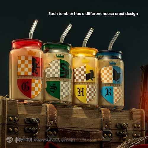 JoyJolt Harry Potter House Crests Glass Tumblers with Lids and Straws, 16oz Glass Cups with Lids and Straws, Can Shaped Drinking Glasses Set of 4, Hogwarts Cup, Harry Potter Merchandise - Image 4