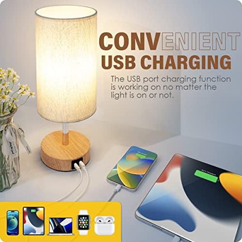 Yarra-Decor Bedside Lamp with USB A+C Charging Ports Set of Two - Touch Control Table Lamp for Wood 3 Way Dimmable Nightstand Lamp with Round Flaxen Fabric Shade (LED Bulb Included) (Y4-2 Pack) - Image 3