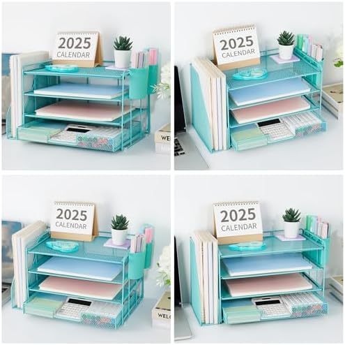 OPNICE Desk Organizer, 4-Tier Desktop File Organizer with Drawer and Pen Holders, Office Desk Accessories, File Sorters, Workspace Organizers for Office Supplies(Teal Blue) - Image 4