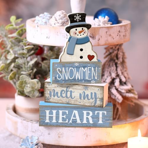 Moucuny 4 Pcs Snowman Block Signs Farmhouse Table Decoration Wood - Image 6