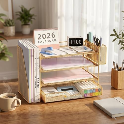 OPNICE Desk Organizers and Accessories, 4-Tier Desktop File Organizer with Drawer and Pen Holders, Office Desk Accessories Workspace Organizers for Office Supplies (Gold) - Image 3