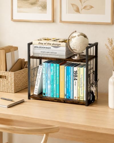 2-Tier Desktop Bookshelf, Desk Shelf Organizer, Rustic Brown - Image 2