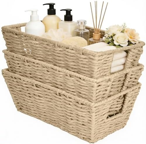 Paper Rope Storage Baskets for Shelves Organizing, Small Hand Woven Wicker Organizer Basket with Handle for Bathroom Toilet Paper Storage, Beige, 3-Pack by homyfort