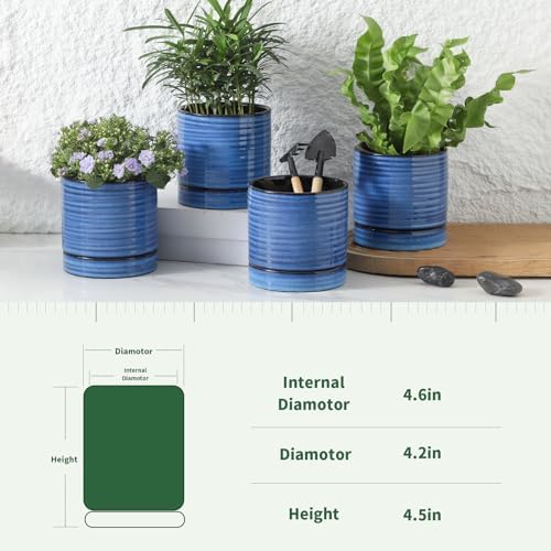 HASENSE Ceramic Plant Pots with Saucers Set of 4, 4.6 Inch Planters for Indoor Plants with Drainage Holes,Blue Flower Pots for Snake Plants & Cactus, Modern Farmhouse Windowsill & Tabletop Decor - Image 2
