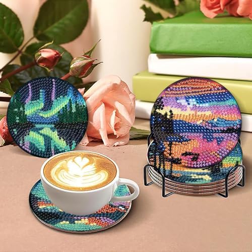 askkqtx 8 Pcs Aurora Diamond Art Coasters Kits with Holder 4X4 Inch - Image 7