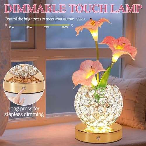 Flower Table Lamps, Rechargeable Cordless Desk Lamp, 3 Colors Dimmable Artificial Flowers Night Light, Morning Glory with Crystal Vase for Home Date Party Decoration (Morning Glory-Pink) - Image 3