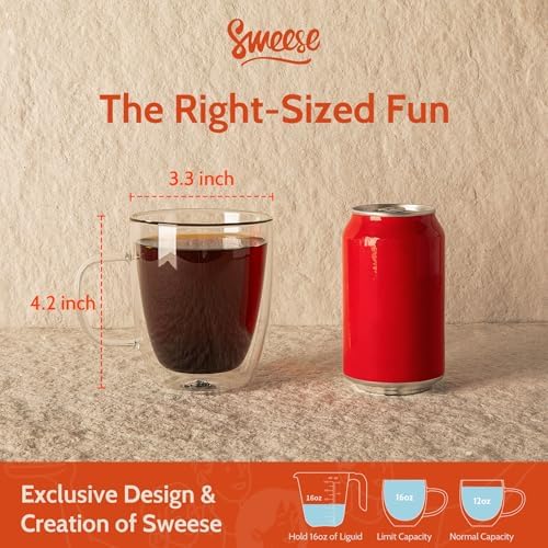 Sweese 12.5 oz Double Wall Glass Coffee Mugs Set of 2 - Insulated for Espresso, Latte, Tea Beverages - Image 2