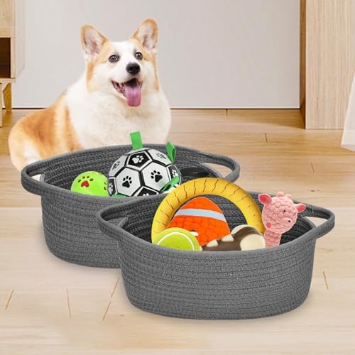 ABenkle Small Basket with Handles, Boho Decorative Rope Woven Dog Cat Toy Storage Bin Shelf Storage Organizer, Easter Christmas Gift Basket, 12"x8"x5" - Image 3
