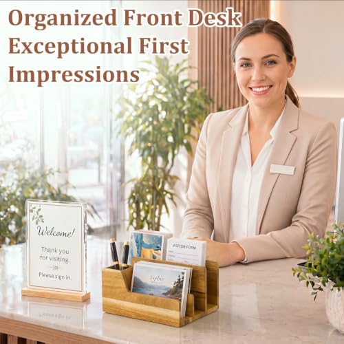 Novabright Acacia Wood Mail Organizer with Pen Holder, 4 Slot Desk File Organizer, Wooden Letter Sorter for Desk, Compact Desktop Document Holder for Home Office Storage Back to School - Image 6