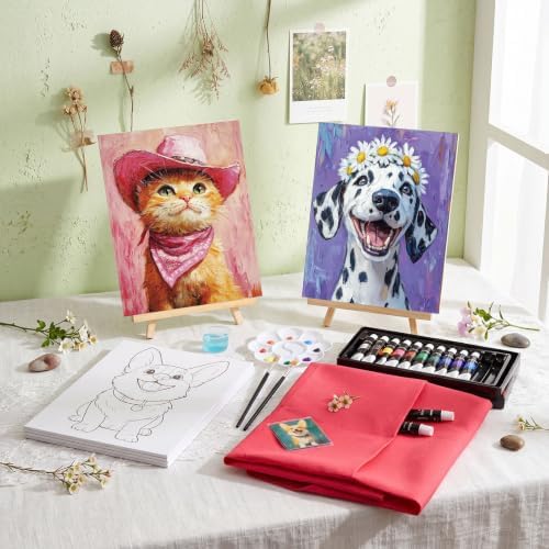 Cholemy 6 Set Paint and Sip Kit for Adults 8"x 10" Pre Drawn Canvas Painting with Wooden Easel Acrylic Paint Wash Cup Brushes Palette Apron for Painting DIY Adult's Date Party Supplies(Happy Pets) - Image 2