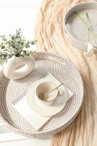 HITOMEN Hand-Woven Round Rattan Serving Tray Decorative Ottoman Wicker Platter with Handles for Coffee Table, Breakfast, Drinks, Snack, Bread, Fruit, Vegetables (Whitewash Set of 2: M+L) - Image 2
