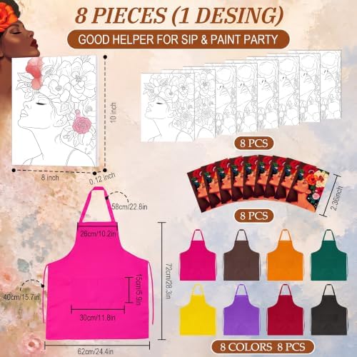 Cholemy 8 Set Paint and Sip Kit for Adults 8'' x 10'' Pre Drawn Canvas with Wooden Easels Acrylic Paint Brushes Wash Cup Palette Apron for Painting DIY Date Night Party Supplies(Artistic Woman) - Image 3
