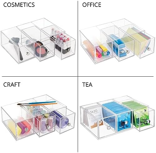 mDesign Plastic Kitchen Pantry Stackable Storage Organizer Container Station with 3 Drawers for Cabinet, Countertop, Holds Coffee, Tea, Sugar Packets, Creamers - Lumiere Collection - Clear - Image 6