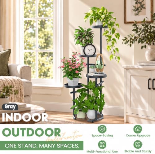 TOSKING Tall 5-Tier Round Metal Corner Plant Stand Indoor, Anti-Tip, Gray - Image 6