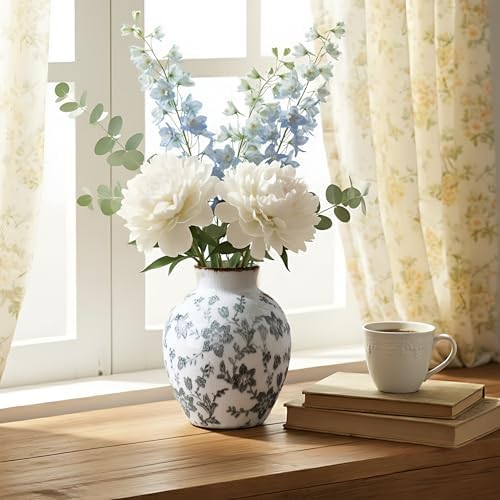 SIDUCAL Ceramic Vintage Vase, 5.83 Inch Retro Ice Cracked Chinoiserie Floral Vase, Rustic Farmhouse Vases for Home Decor, Bookshelf, Garden, Chinoiserie Decor, Tuscan Decor, Gray Floral Pattern - Image 5