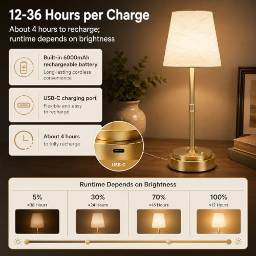 Rechargeable Cordless Table Lamp, Nightstand to End Table,Gold,1 Pack - Image 5