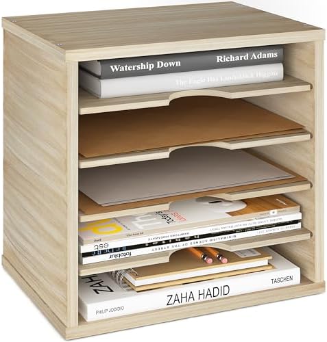 Ballucci 5-Tier File Organizer for Desk, Mail Sorter, Office Desk Organization, Paper Storage Organizers, Folder Holder for Desk, Letter Trays & Stacking Supports, Brushed Wood by Ballucci