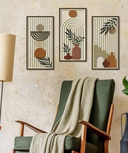 Putuo Decor Boho Wall Art Set of 3, Abstract Geometric Wooden Wall Decor, Mid-Century Modern Aesthetic Artwork with Arch, Vase & Botanical Design for Living Room, Bedroom, Office, 16.5 x 8.6 Inch - Image 3