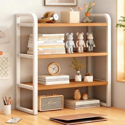 Office Desk Shelf Organizer, Wood Desktop Bookshelf Supplies Storage Rack, Shelf for Top of Desk and Dresser and Cubicle Decor Aesthetic Bookshelf (White Wood-three Tier, 15.75 Lx7.87 Wx22.05 H) by Janebert