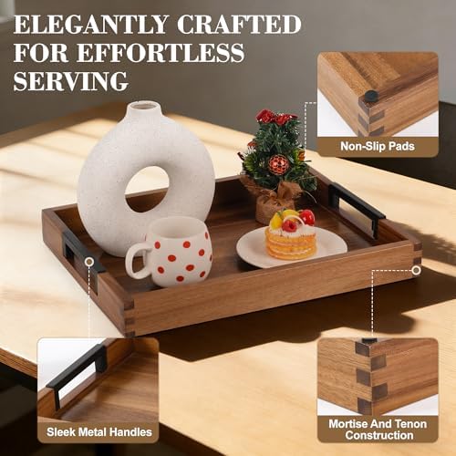 Large Ottoman Tray for Living Room and Coffee Table, Decorative Acacia Wood Serving Tray with Metal Handles for Breakfast in Bed, Dinner Food Kitchen TV (Natural, 20" x 14" x 2") - Image 4