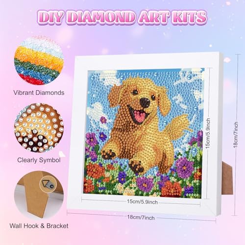 GHHKUD Dog Flowers Diamond Art Painting Kits for Adults with Frame, Diamond Art Animals Crafts for Ages 4-6-8-12, Easy to DIY Gem Painting Gifts Home Wall Decor 15x15cm (Beautiful Packages) - Image 2