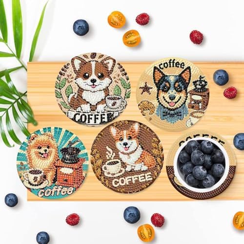 Clendo 8 PCS Coffee Dog Diamond Art Coaster Kits with Holder - Diamond Painting for Adults Beginners - 5D Gem Art Dots Paintings with Cork Pads - Crafts Supplies - Image 4
