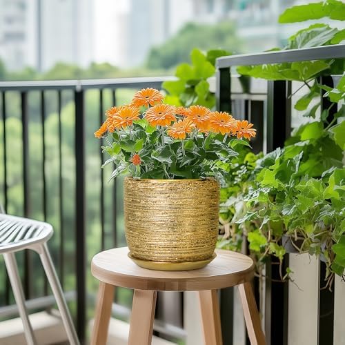 Ceramic Plant Pot 7 Inch - Ceramic Planter for Indoor Outdoor Plants, Round Modern Flower Pot with Drainage Hole and Saucer, Housewarming Gifts, House Patio Office Home Decor, Gold - Image 5
