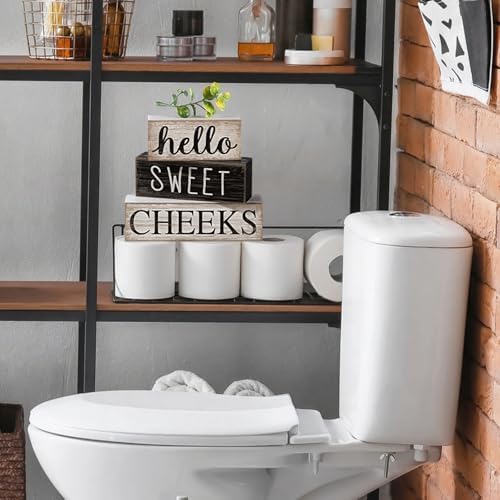 Moucuny 4 Pcs Bathroom Shelf Decor Hello Sweet Cheeks Sign Farmhouse Decor - Image 4