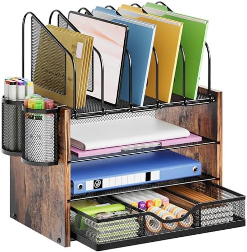 Marbrasse Desk Organizer with Drawer, 4-Tier Wooden File Organizer with 5 Vertical File Holders and 2 Pen Holders, Desk Organizers and Accessories for Home Office - Dark Brown by Marbrasse