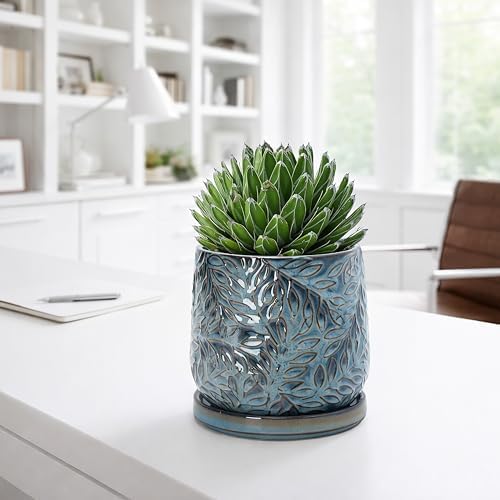 D'vine Dev Embossed Leaves Ceramic Planter, 5 in, Ocean Teal, 27-A-V-8 - Image 6
