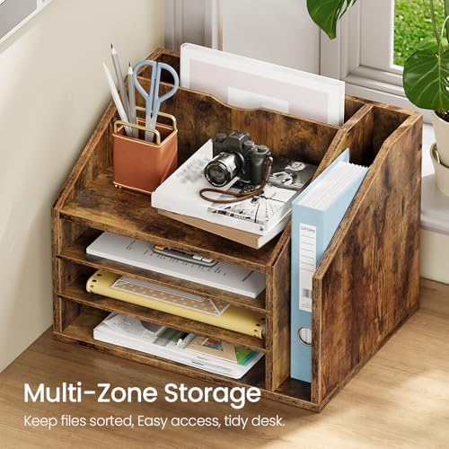 CHOEZON Wooden Desk Organizer with Adjustable Partitions, Multi-Layer Desktop File Holder for Home Office, Paper & Stationery Storage Organizer, Rustic Brown MWJ04FG - Image 4