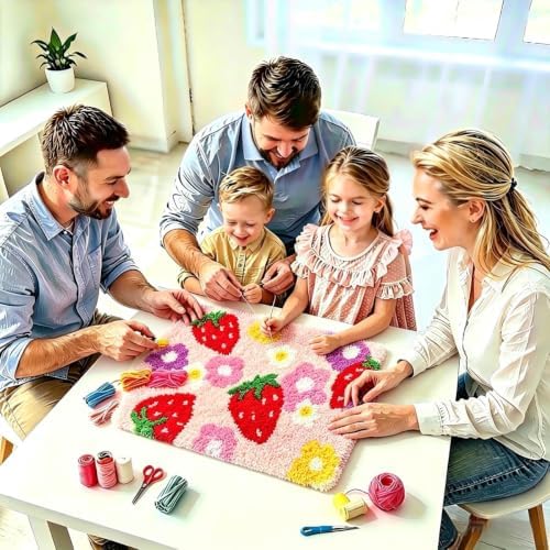 MeoobkCraft Latch Hook Kits for Adults Beginners, Pre-Printed Strawberry Floral Latch Hook Rug Kit, Aesthetic Pink Fruit Flower DIY Rug Craft Kit for Home Decor 20.47 x 14.96 in - Image 3