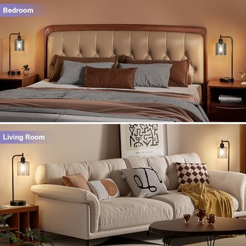 Innqoo Industrial Touch Bedroom Lamps for Bedrooms Set of 2-3-Way Dimmable Table Lamps with USB C+A Ports and Outlet, Bedside Lamps with Gray Glass Shade for Living Room, Desk Lamps for Home Office - Image 5