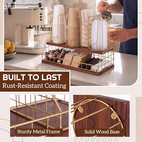 Geelin 18oz Adjustable Coffee Cup Dispenser with Wooden Base, Cup and Lid Holder, Cups Holder Organizer for Coffee Pod Straw and Lid Storage(4-compartment Double,Color 2) - Image 3