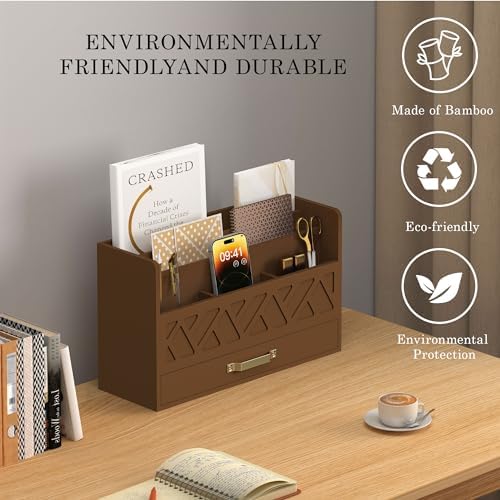 Bamboo Mail Organizer Countertop Pen Holder Wooden Desktop Storage Drawers - Image 4