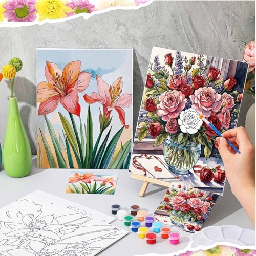 Tenceur 72 Pieces Pre Drawn Canvas Kit 8" x 10" Paint and Sip Kit for Adults DIY Painting Party Pre Printed Stenciled Canvas with Design Easels Aprons Brushes for Party Gifts(Flowers) - Image 5